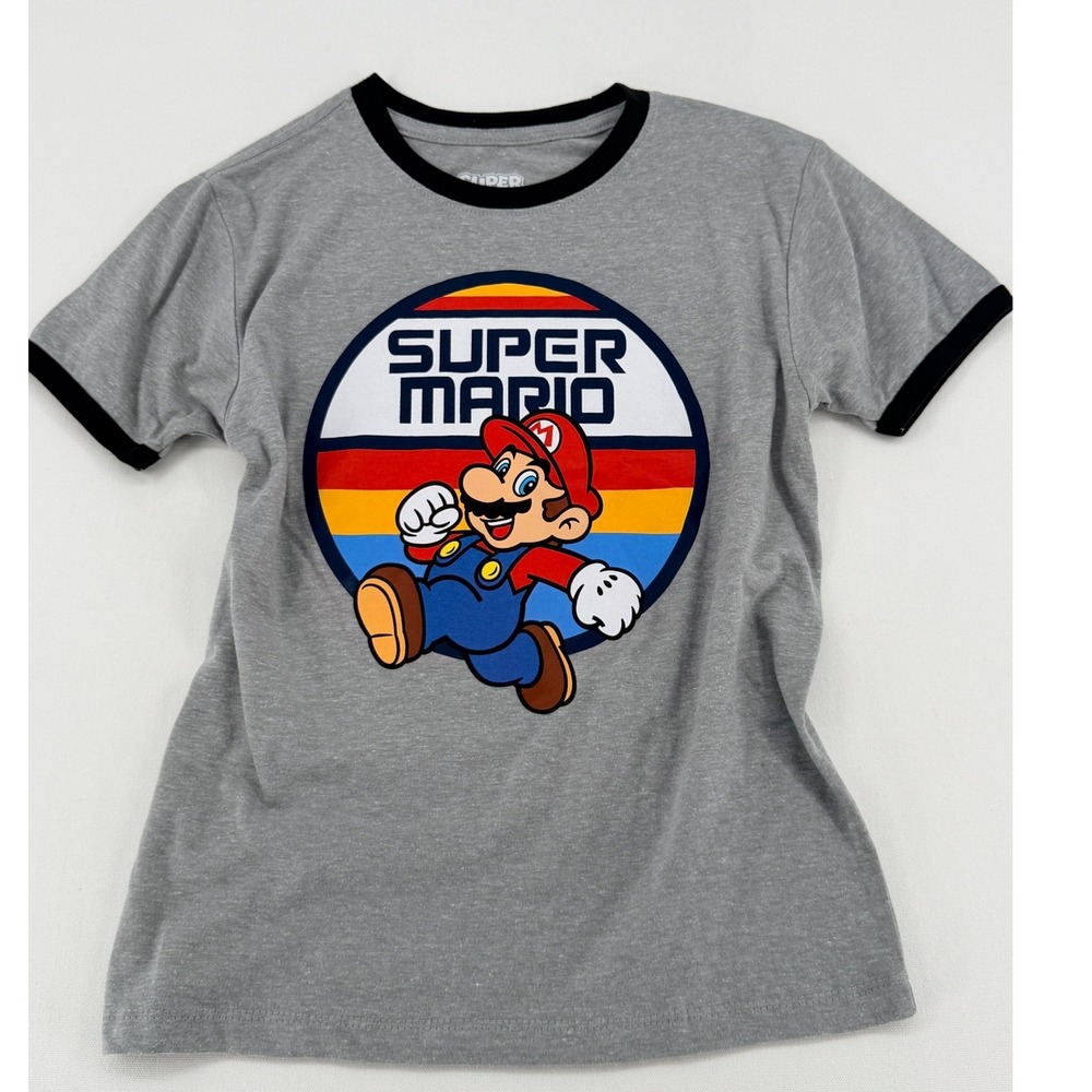 Super Mario Graphic Ringer Tee Gray Retro Gamer Shirt Women's M